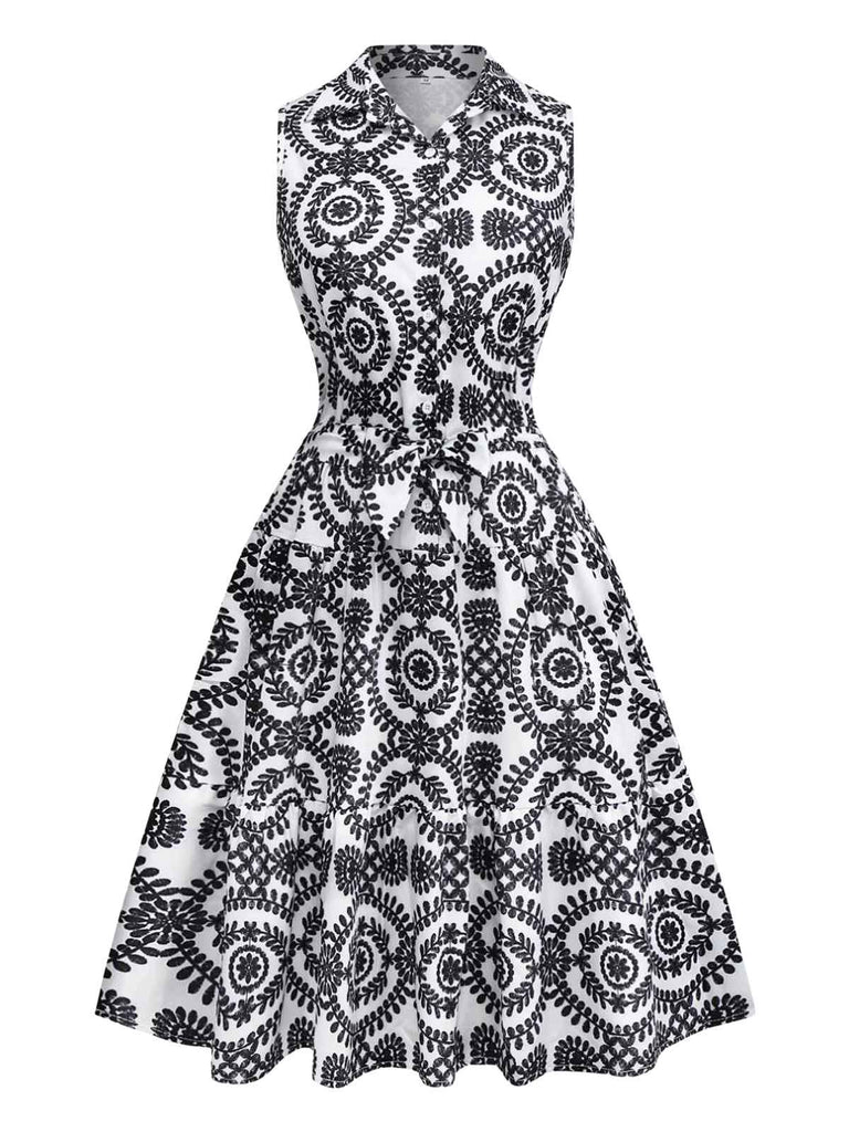 Black 1940s Lapel Tie-Waist Floral Sleeveless Dress - vintage dress, retro fashion, classic black
