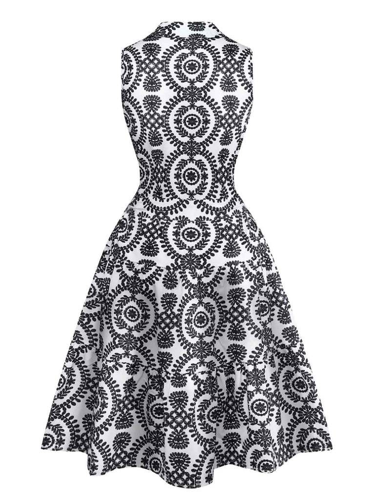Black 1940s Lapel Tie-Waist Floral Sleeveless Dress - vintage dress, retro fashion, classic black