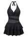 She slips into this Black 1940s Layered Hem Halter Swimdress and suddenly it's a 1940s daydream