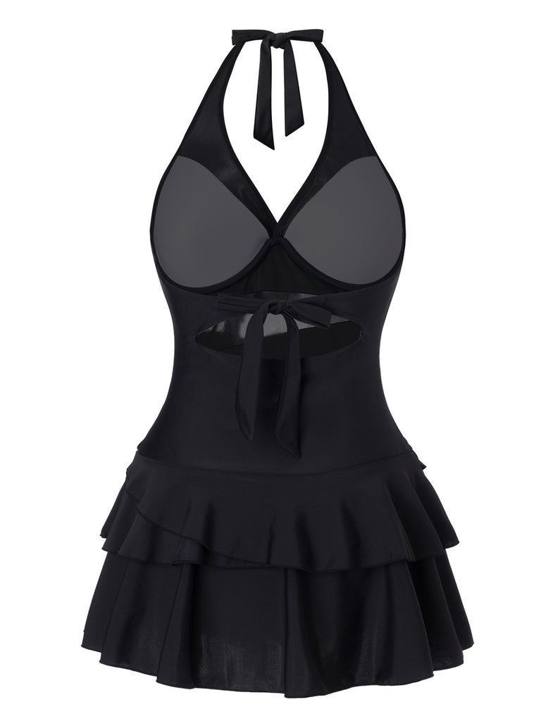 Black 1940s Layered Hem Halter Swimdress: where 1940s romance meets her modern spirit