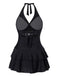 Black 1940s Layered Hem Halter Swimdress: where 1940s romance meets her modern spirit