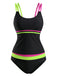 Black 1940s Neon Colorblock Double Strap Tankini Set - vintage fashion, retro style for vintage lovers
