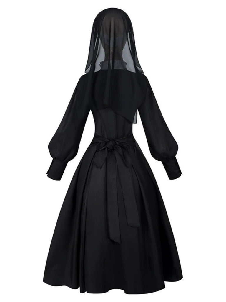 Black 1940s Nun-Style Cross Necklace Dress - vintage dress, retro fashion, classic black