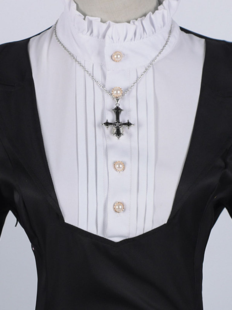 Black 1940s Nun-Style Cross Necklace Dress - vintage dress, retro fashion, classic black