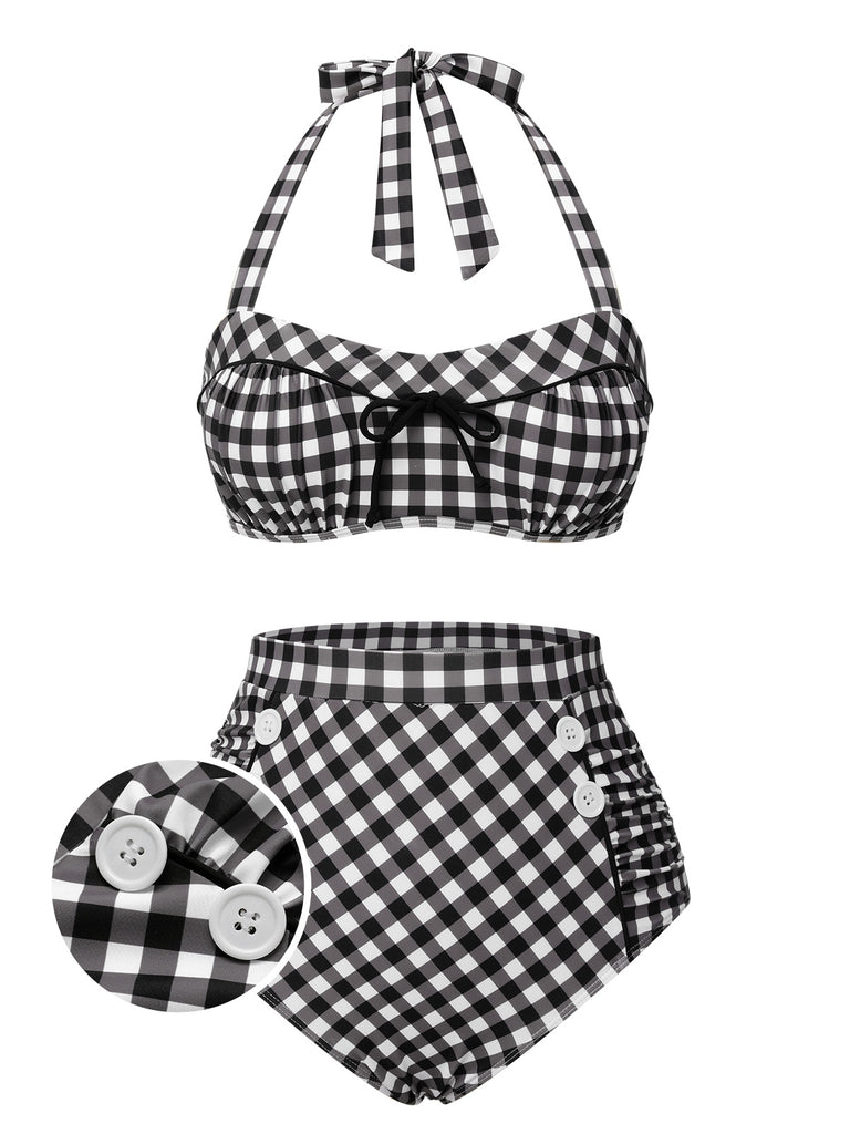 Black 1940s Plaid Halter Swimsuit, vintage swimsuit, pin-up swimwear - perfect for women who love vintage and retro fashion