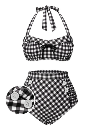 Black 1940s Plaid Halter Swimsuit, vintage swimsuit, pin-up swimwear - perfect for women who love vintage and retro fashion