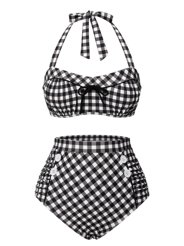 Black 1940s Plaid Halter Swimsuit, vintage swimsuit, pin-up swimwear - perfect for women who love vintage and retro fashion