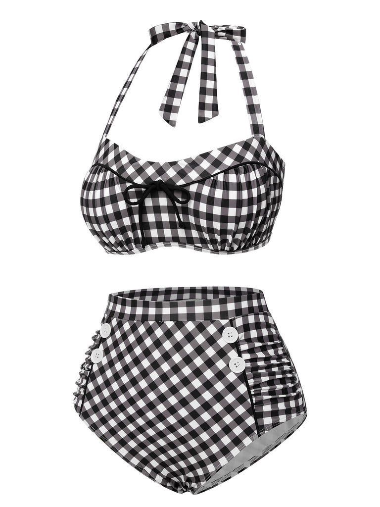 Black 1940s Plaid Halter Swimsuit, vintage swimsuit, pin-up swimwear - perfect for women who love vintage and retro fashion