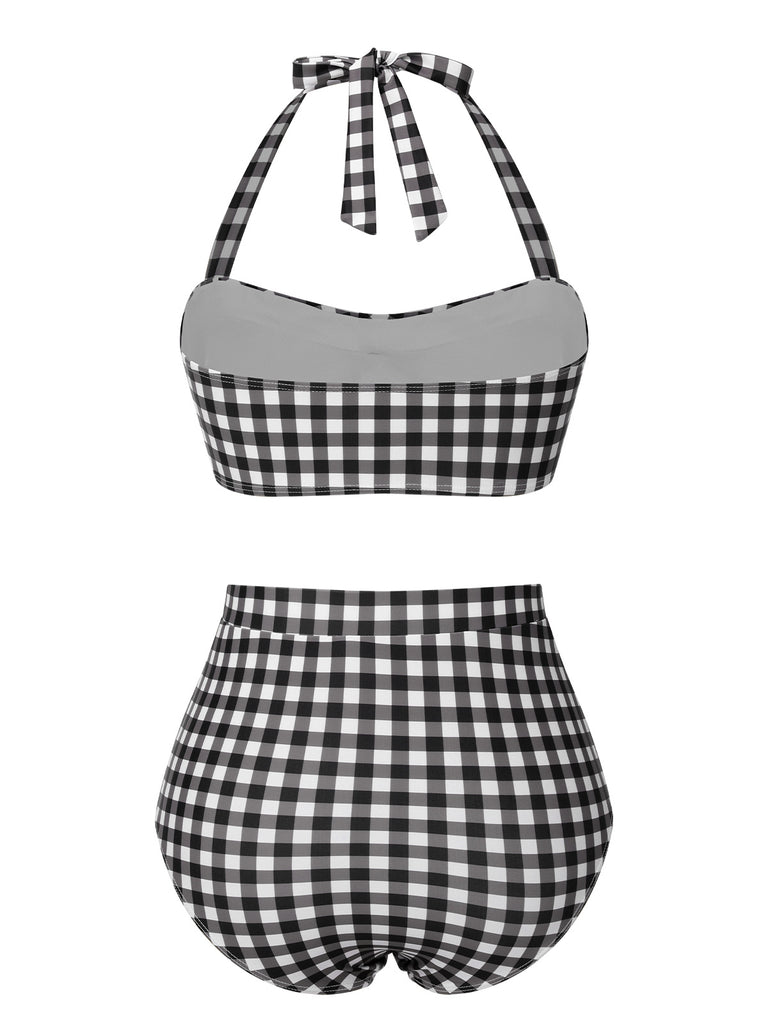 Black 1940s Plaid Halter Swimsuit, vintage swimsuit, pin-up swimwear - perfect for women who love vintage and retro fashion