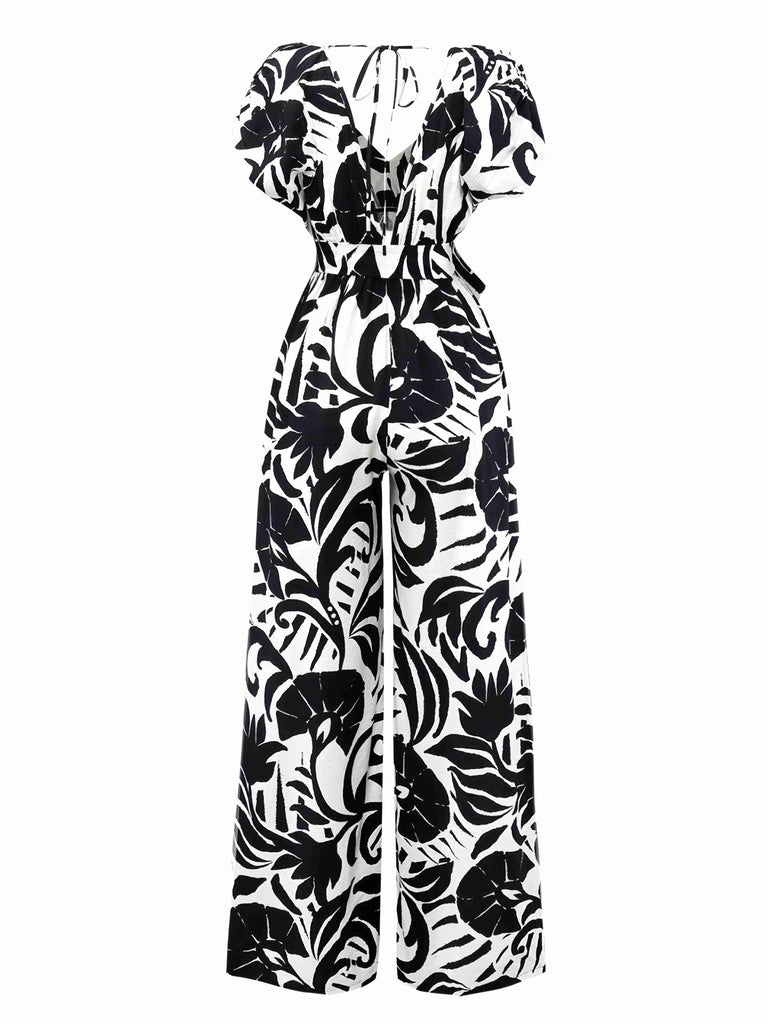 Black 1940s Plants Silhouette Bat Sleeve Jumpsuit - vintage jumpsuit, retro fashion, classic black