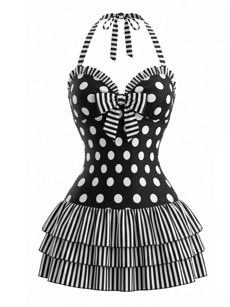 [Pre-Sale] Black 1940s Polka Dot Bow Halter One-Piece Swimdress, vintage dress, retro fashion - perfect for women who love vintage and retro fashion