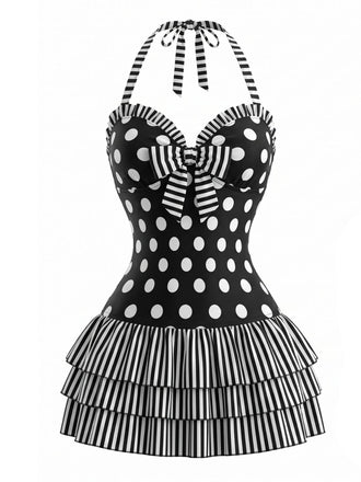 [Pre-Sale] Black 1940s Polka Dot Bow Halter One-Piece Swimdress, vintage dress, retro fashion - perfect for women who love vintage and retro fashion