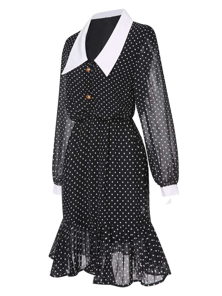 Black 1940s Polka Dot Contrast Collar Dress, vintage dress, retro fashion - perfect for women who love vintage and retro fashion
