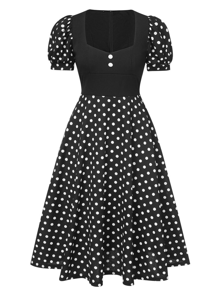 Black 1940s Polka Dot Scoop Neck Patchwork Dress, vintage dress, retro fashion - perfect for women who love vintage and retro fashion