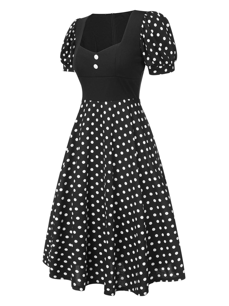 Black 1940s Polka Dot Scoop Neck Patchwork Dress, vintage dress, retro fashion - perfect for women who love vintage and retro fashion
