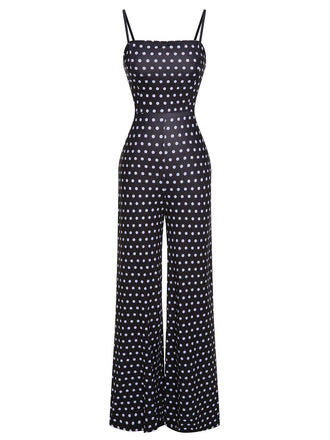 Black 1940s Polka Dots Back Strap Jumpsuit, vintage romper, retro jumpsuit - perfect for women who love vintage and retro fashion