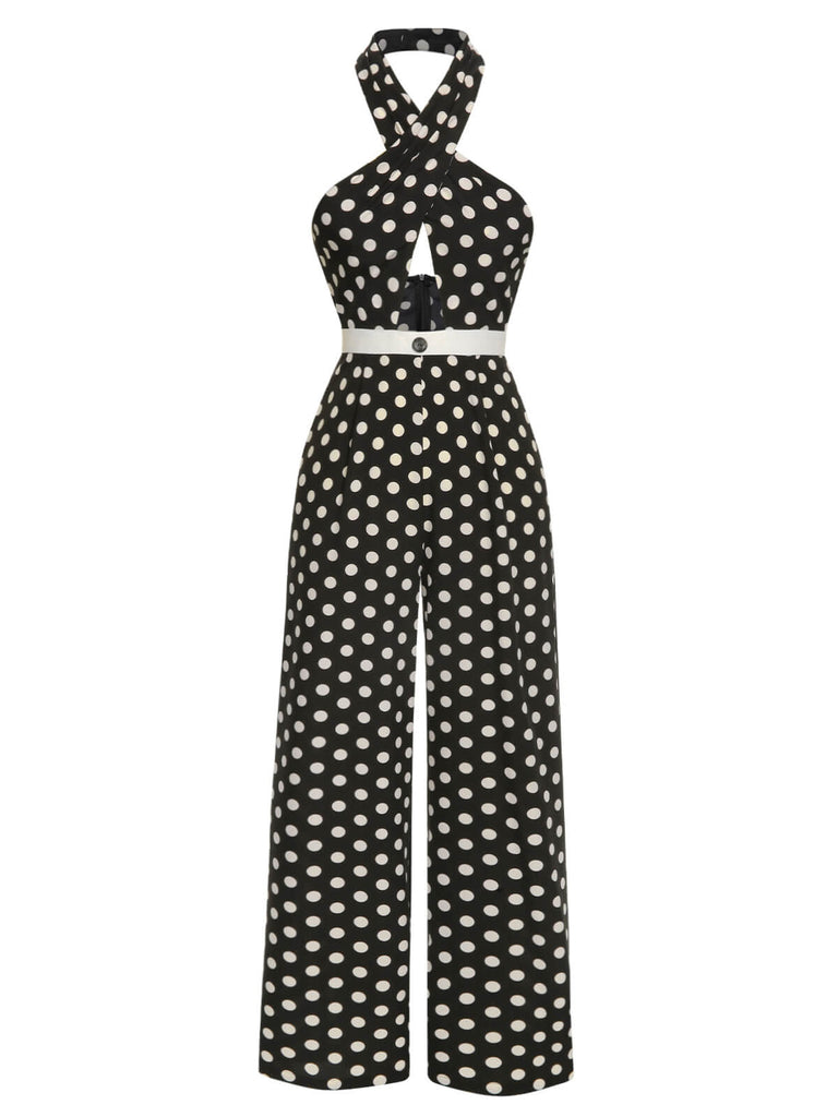 Black 1940s Polka Dots Cross Halter Jumpsuit, vintage romper, retro jumpsuit - perfect for women who love vintage and retro fashion