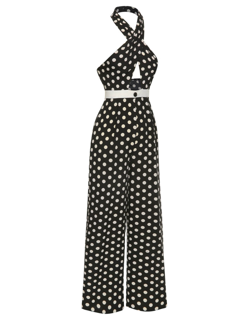 Black 1940s Polka Dots Cross Halter Jumpsuit, vintage romper, retro jumpsuit - perfect for women who love vintage and retro fashion