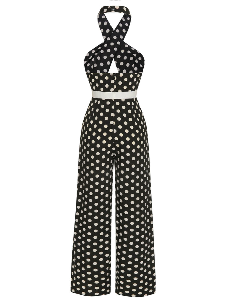 Black 1940s Polka Dots Cross Halter Jumpsuit, vintage romper, retro jumpsuit - perfect for women who love vintage and retro fashion
