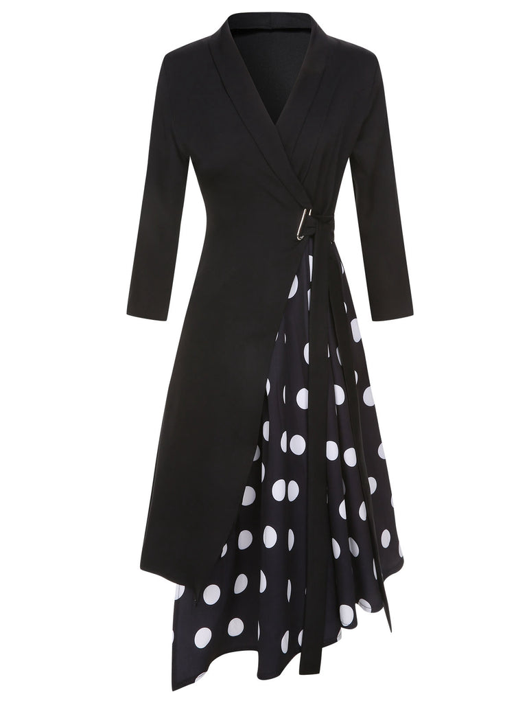 Black 1940s Polka Dots Patchwork Tie Waist Dress, vintage dress, retro fashion - perfect for women who love vintage and retro fashion