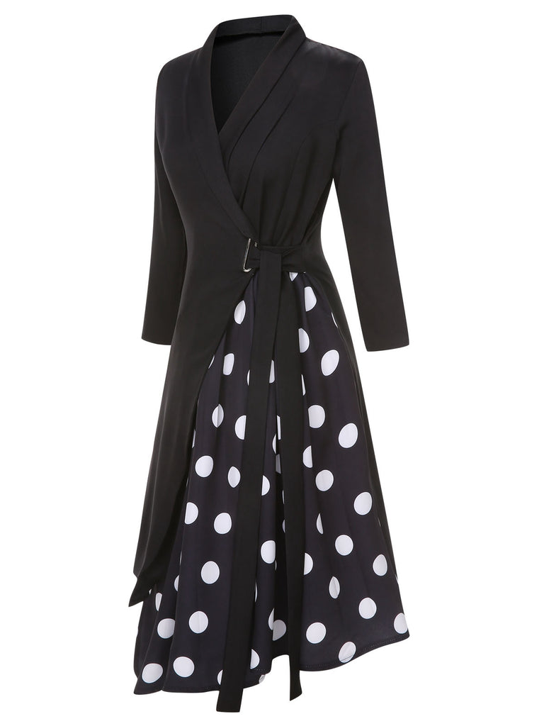 Black 1940s Polka Dots Patchwork Tie Waist Dress, vintage dress, retro fashion - perfect for women who love vintage and retro fashion