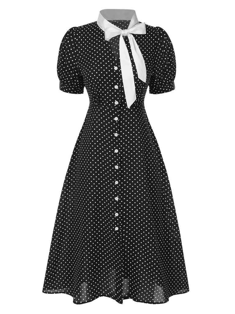 Black 1940s Polka Dots Tie Neck Dress, vintage dress, retro fashion - perfect for women who love vintage and retro fashion