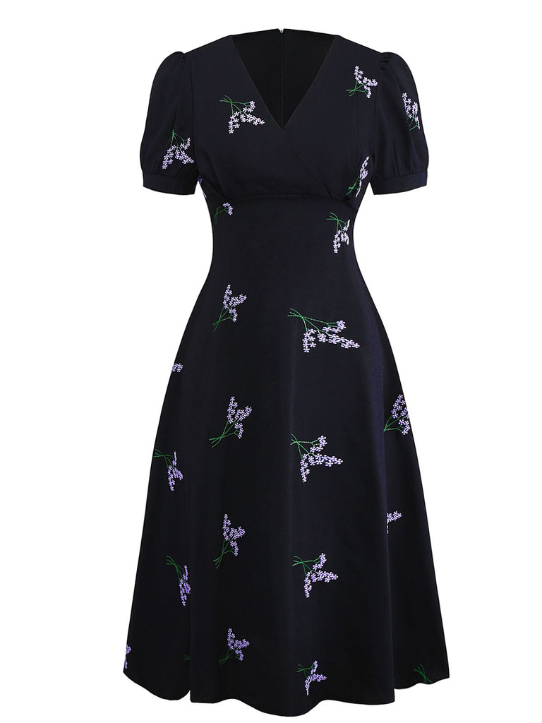 Black 1940s Purple Floral Embroidered V-Neck Dress - vintage dress, retro fashion, classic black