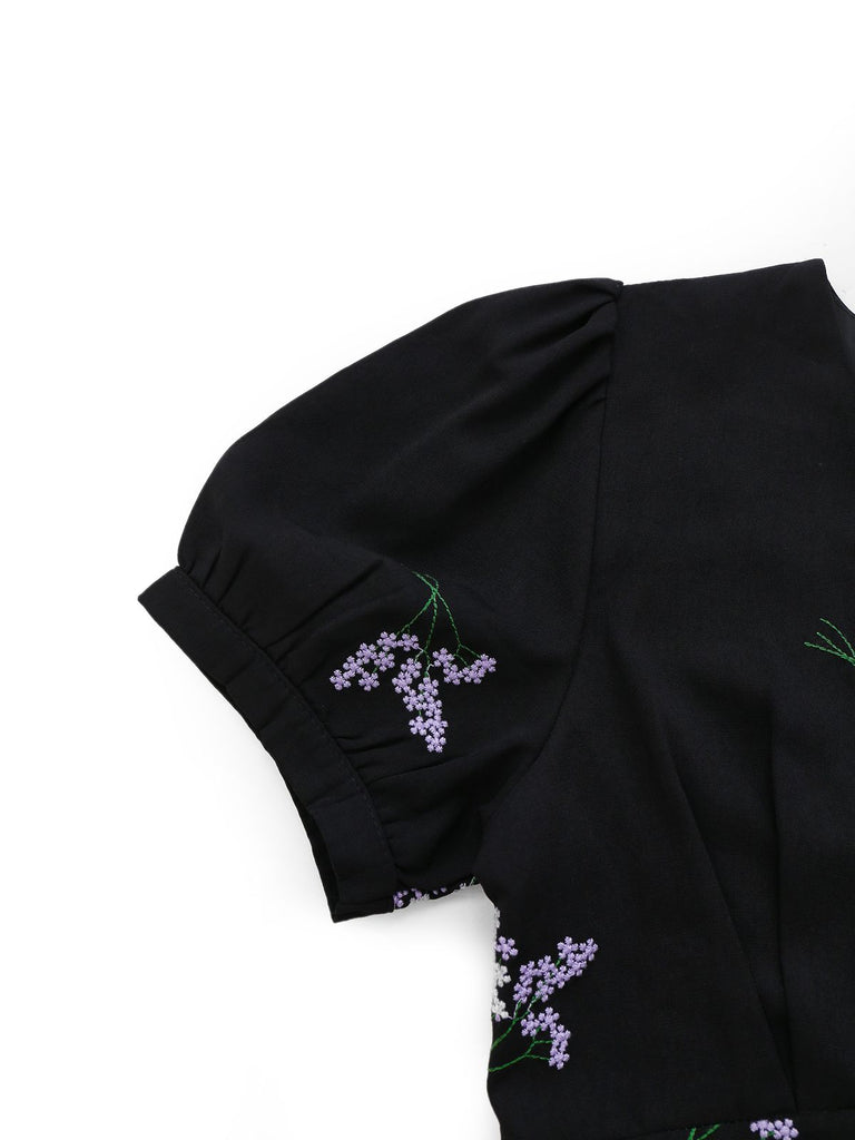 Black 1940s Purple Floral Embroidered V-Neck Dress - vintage dress, retro fashion, classic black