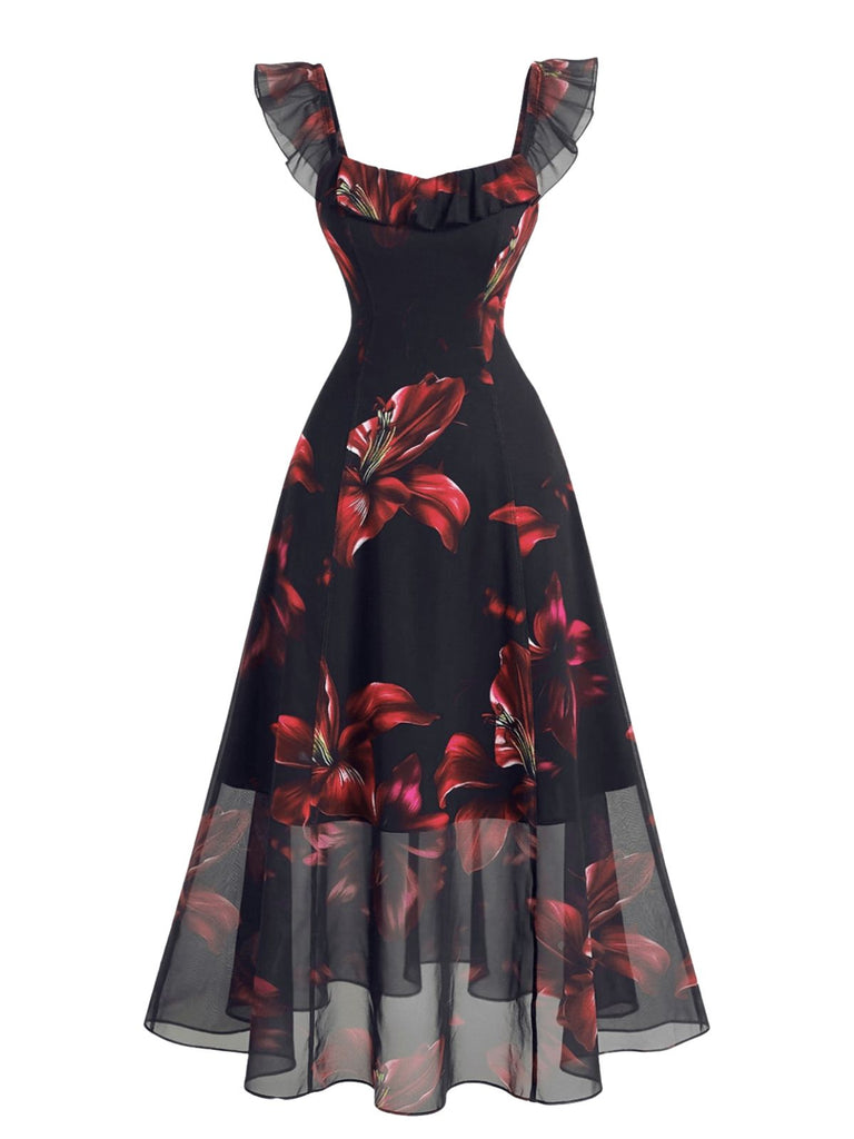 Pink 1940s Floral Square Neck Ruffle Dress 2
