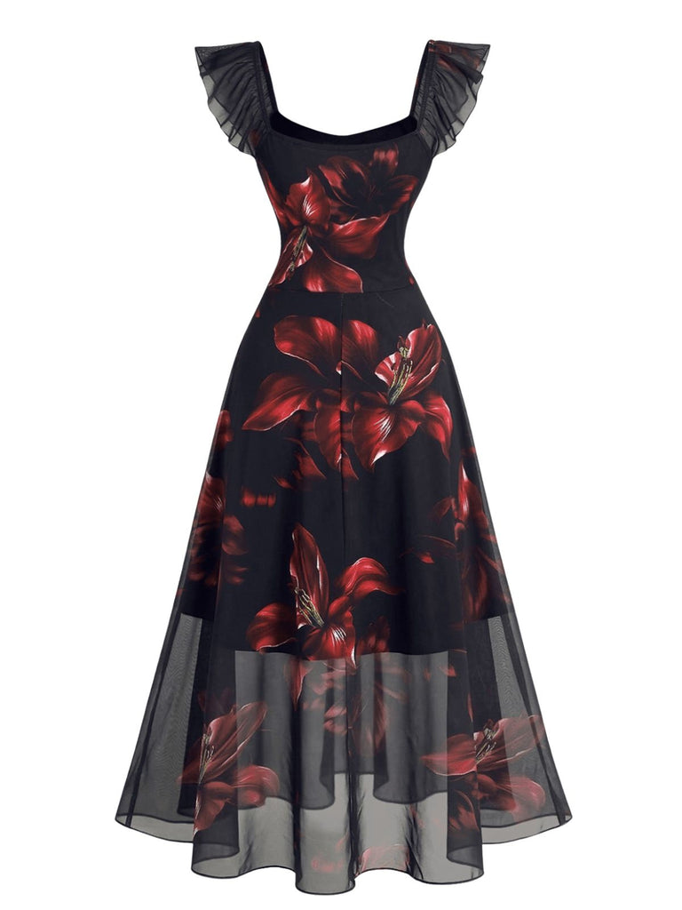 Pink 1940s Floral Square Neck Ruffle Dress 3