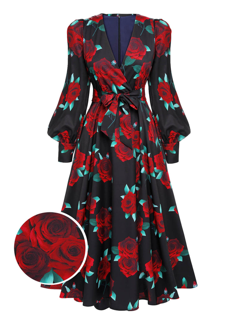 This Black 1940s Rose Lantern Sleeved Lace-Up Dress wraps her in 1940s elegance, one twirl at a time