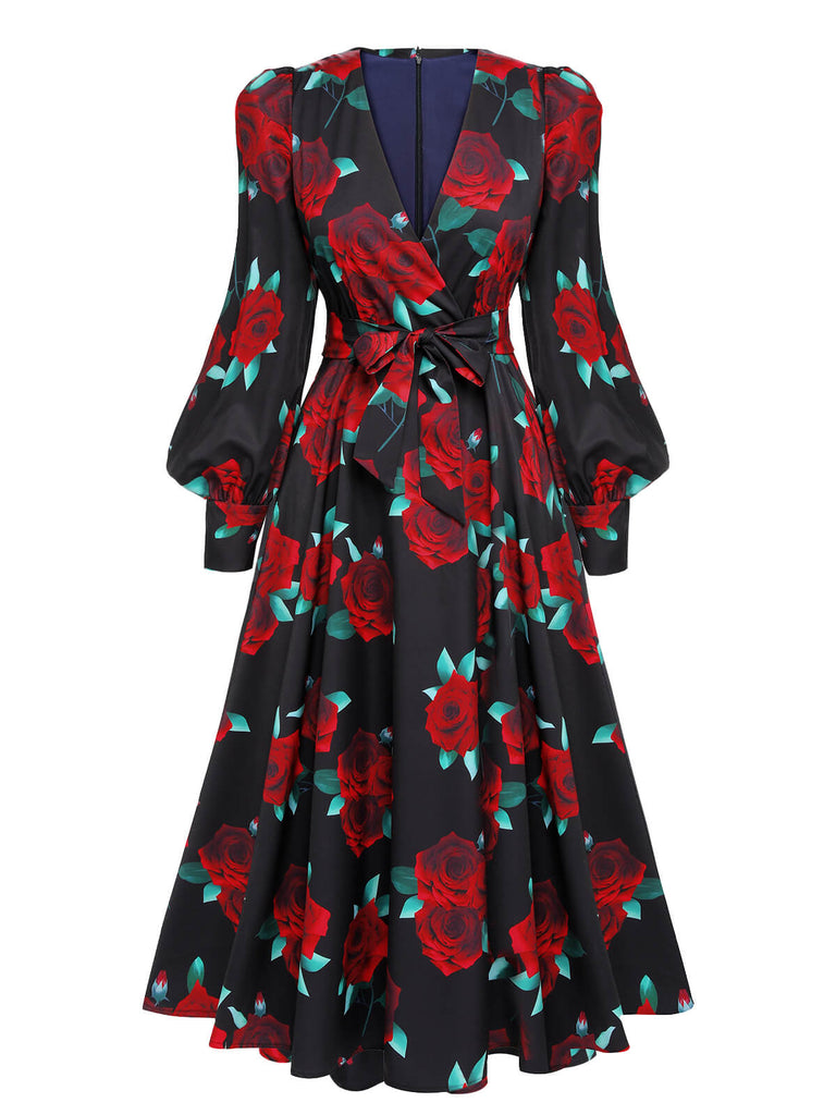 Black 1940s Rose Lantern Sleeved Lace-Up Dress — the kind of 1940s dress that makes strangers smile