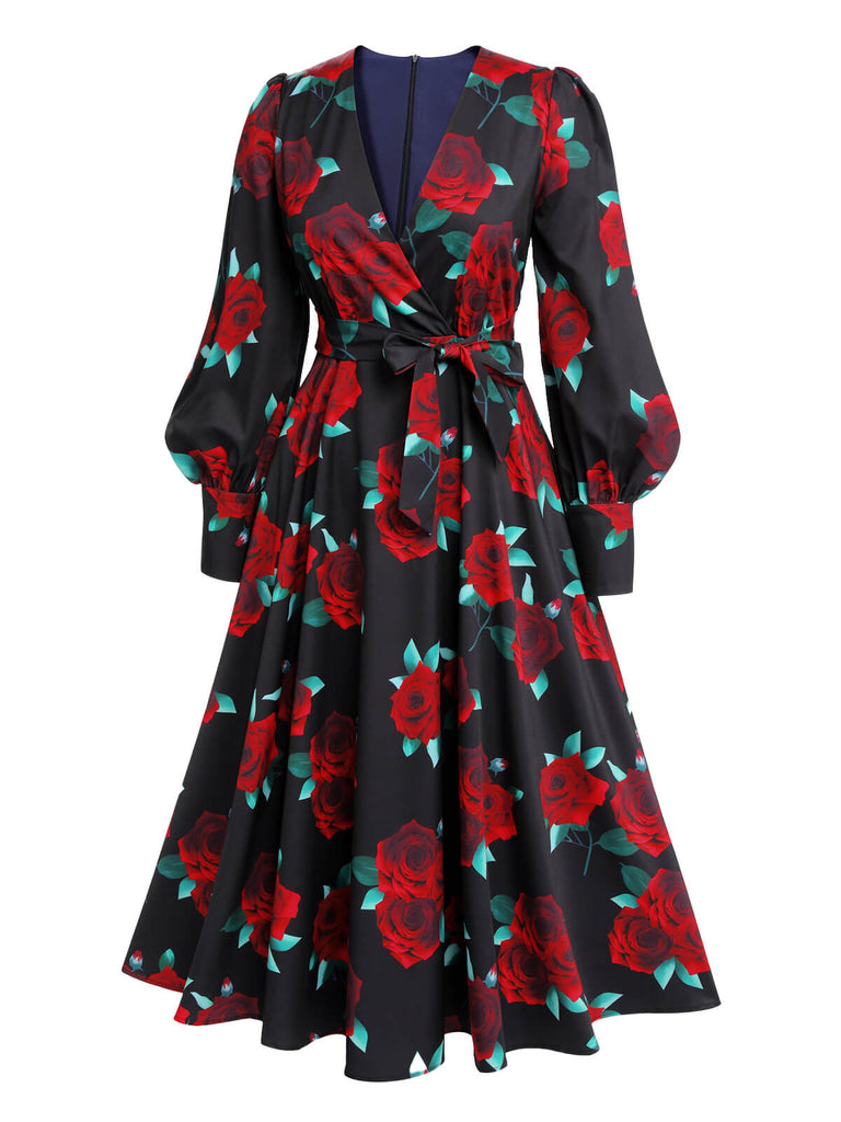 Black 1940s Rose Lantern Sleeved Lace-Up Dress — a 1940s silhouette that turns sidewalks into runways