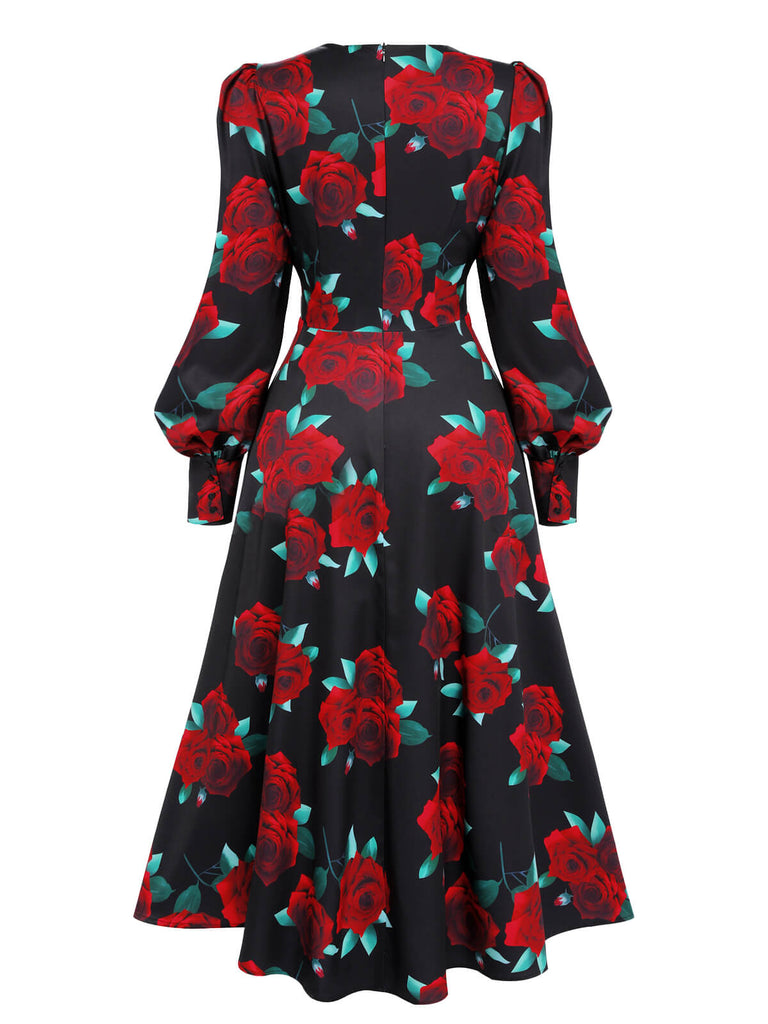 She slips into this Black 1940s Rose Lantern Sleeved Lace-Up Dress and suddenly it's a 1940s daydream