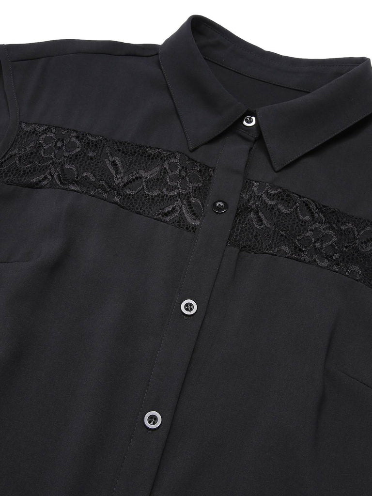 Black 1940s Solid Lace Shirt Collar Belted Dress, vintage dress, retro fashion, lace detail - perfect for women who love vintage and retro fashion