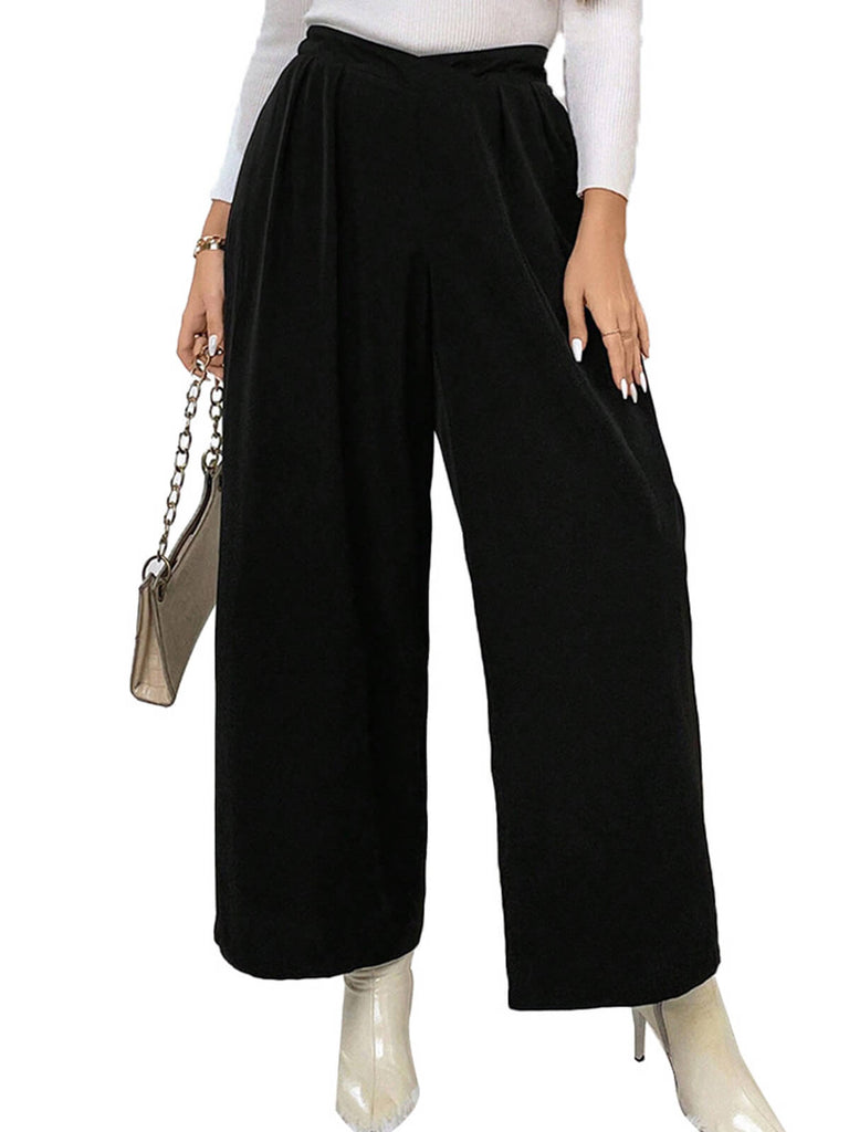 Black 1940s Solid Pleated Waist Straight Pants — 1940s confidence tailored for her stride
