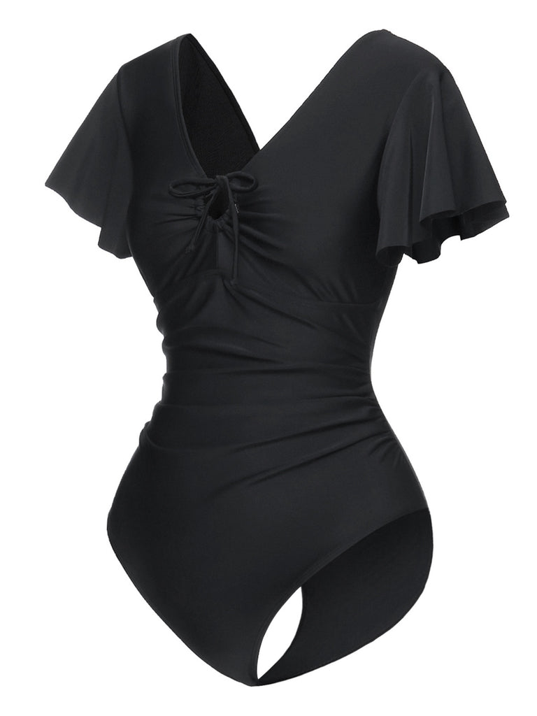 Black 1940s Solid Ruffle Sleeves One-Piece Swimsuit: 1940s Riviera elegance, reimagined for her