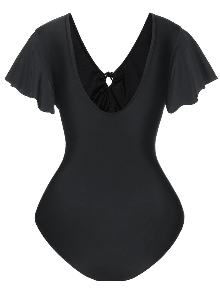 This Black 1940s Solid Ruffle Sleeves One-Piece Swimsuit carries 1940s vacation dreams in every stitch