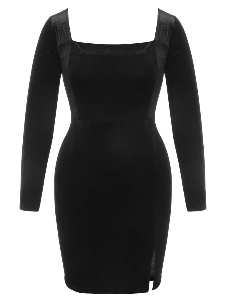 [Plus Size] Black 1940s Solid Square Neck Velvet Dress, vintage dress, retro fashion - perfect for women who love vintage and retro fashion