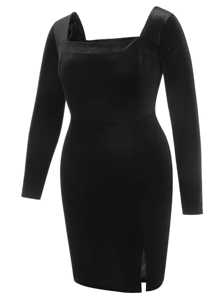 [Plus Size] Black 1940s Solid Square Neck Velvet Dress, vintage dress, retro fashion - perfect for women who love vintage and retro fashion