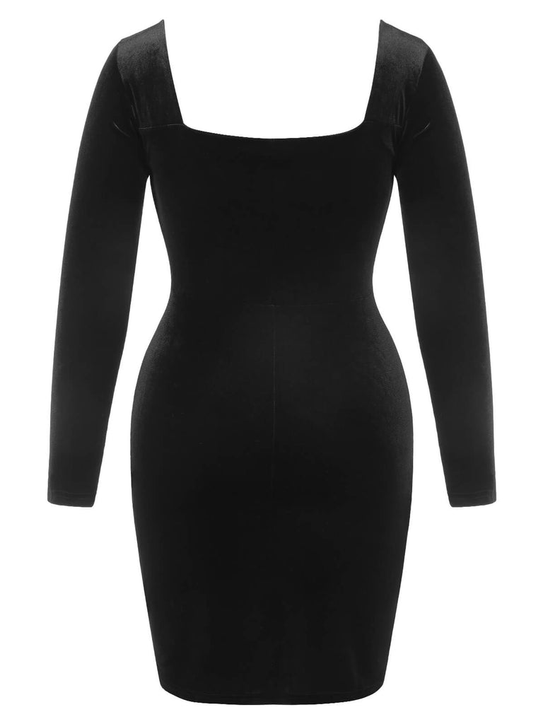 [Plus Size] Black 1940s Solid Square Neck Velvet Dress, vintage dress, retro fashion - perfect for women who love vintage and retro fashion
