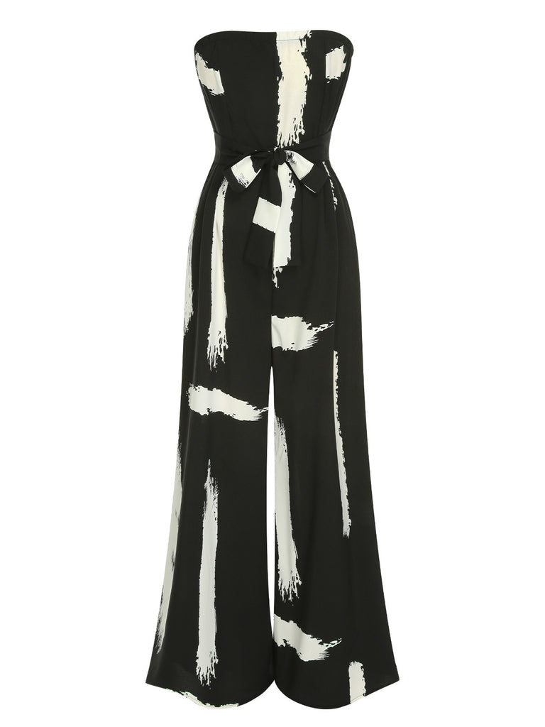 She finds her 1940s story in this Black 1940s Strapless Colorblock Jumpsuit