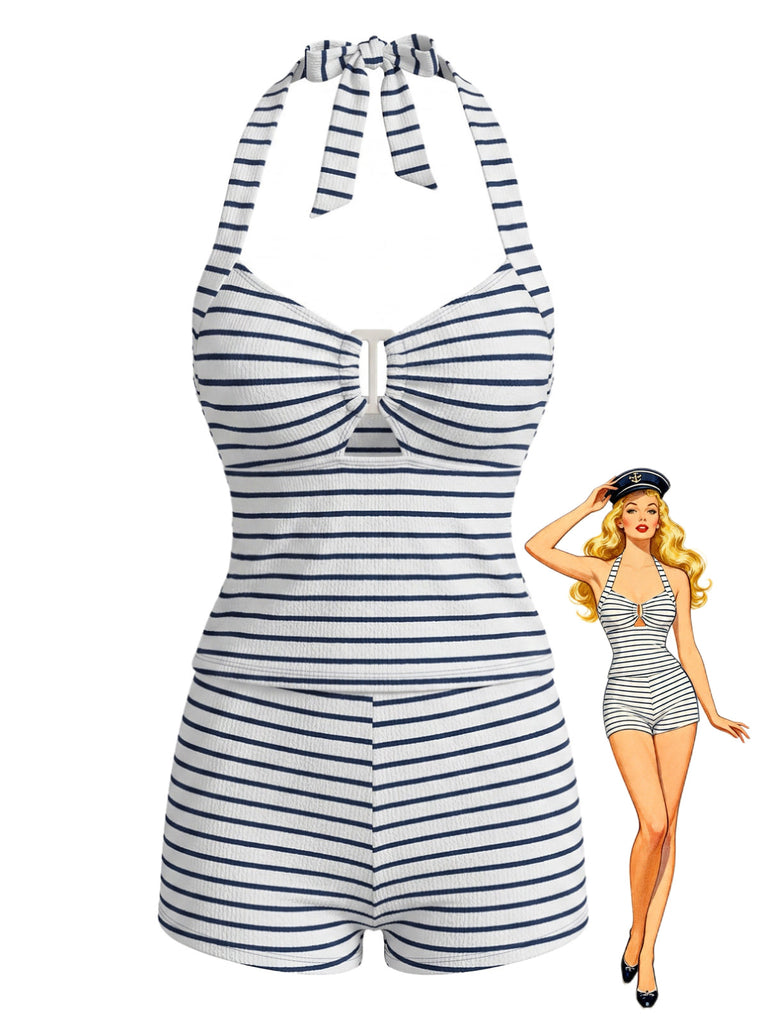 Black 1940s Striped Hollow Textured Halter Tankini Set - vintage fashion, retro style for vintage lovers