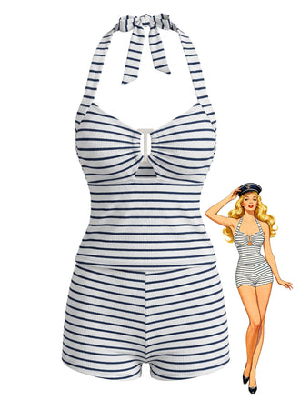 Black 1940s Striped Hollow Textured Halter Tankini Set - vintage fashion, retro style for vintage lovers