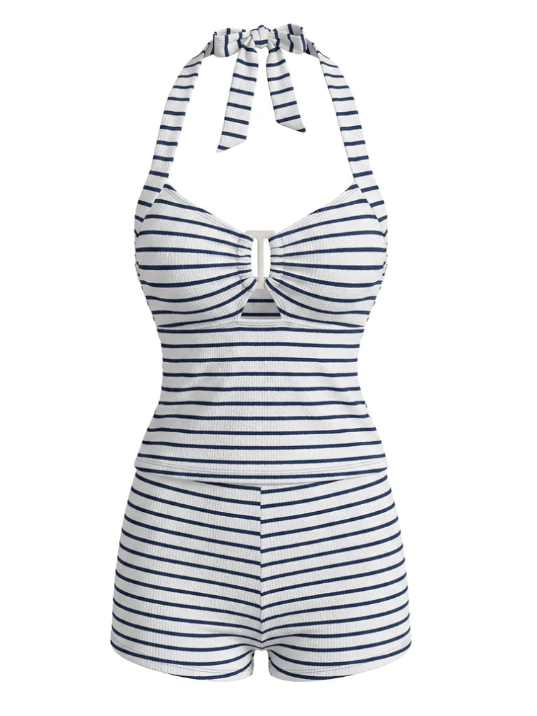 Black 1940s Striped Hollow Textured Halter Tankini Set - vintage fashion, retro style for vintage lovers