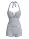 Black 1940s Striped Hollow Textured Halter Tankini Set - vintage fashion, retro style for vintage lovers