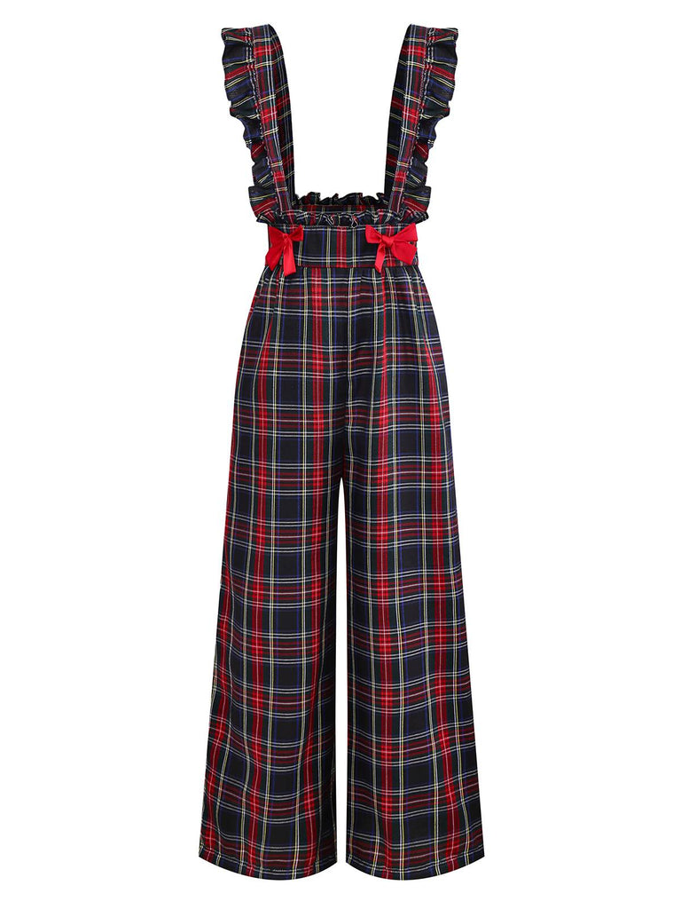 Black 1940s Tartan Plaid Ruffled Bow Overall Pants - vintage fashion, retro style, classic black