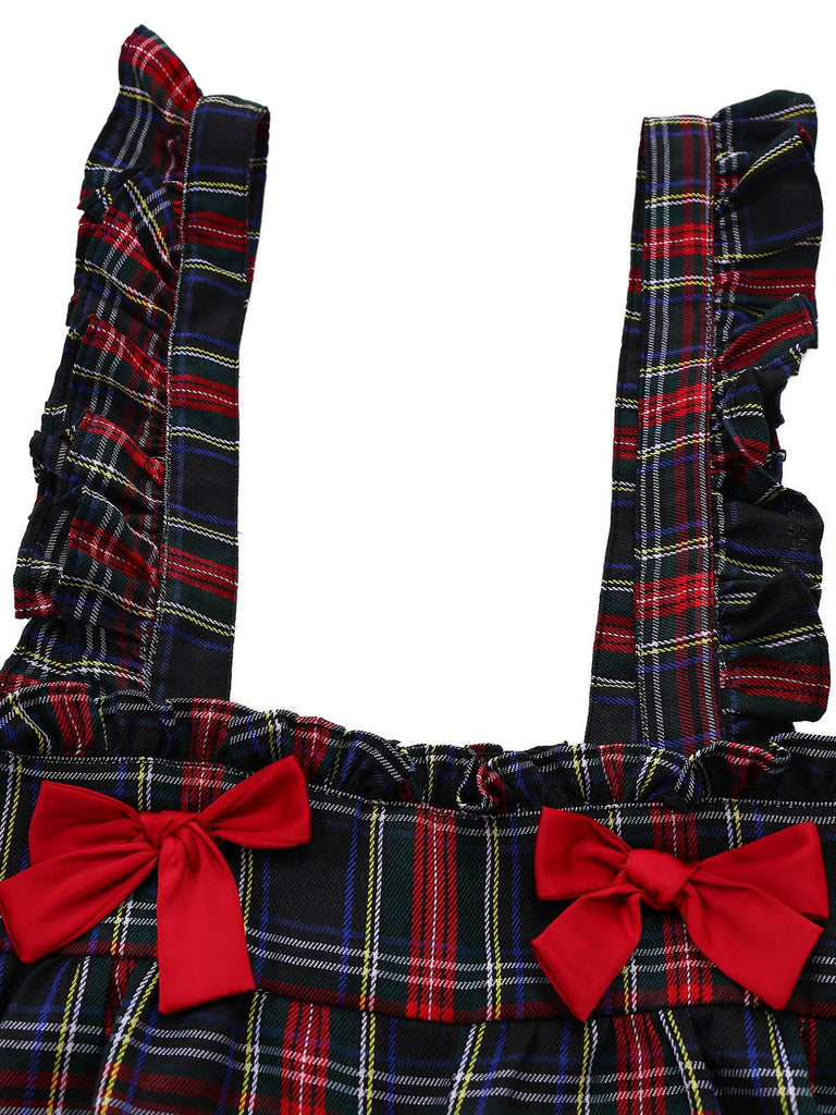 Black 1940s Tartan Plaid Ruffled Bow Overall Pants - vintage fashion, retro style, classic black