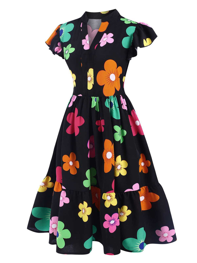 Black 1940s V-Neck Colorful Floral Dress: where 1940s romance meets her modern spirit