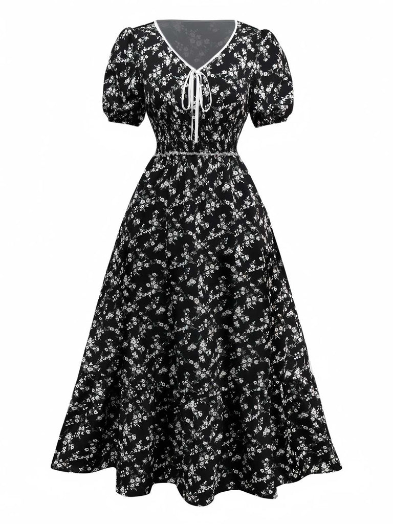 Black 1940s V-Neck Puff Ditsy Floral Dress - vintage dress, retro fashion, classic black